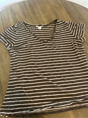 100% Linen Caslon Striped V-Neck Short Sleeve Tee - Brown & Cream